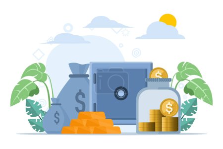 Concept of Invest In Gold, Safe with dollar bills, gold bars with pile of coins, people invest their money in gold, Investment. Vector flat illustration on white background.