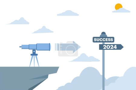 Ilustración de Concepto de visión y misión de la empresa para el próximo año. telescopio de pie y mirando a la distancia 2024 en un signo de dirección, estilo de plantilla de vector plano adecuado para páginas de aterrizaje web. - Imagen libre de derechos