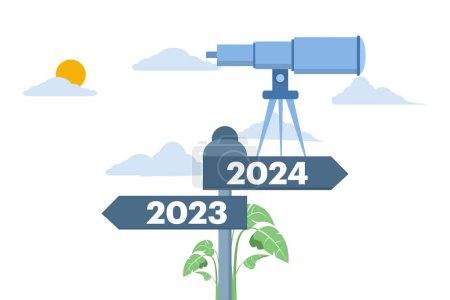 Ilustración de Concepto de visión y misión de la empresa para el próximo año. telescopio de pie y mirando a la distancia 2024 en un signo de dirección, estilo de plantilla de vector plano adecuado para páginas de aterrizaje web. - Imagen libre de derechos