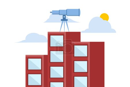 Illustration for Leadership vision concept, company growth. The future direction of the organization. large binoculars on top of a tall building looking towards the front. flat vector illustration on white background. - Royalty Free Image
