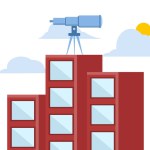 Leadership vision concept, company growth. The future direction of the organization. large binoculars on top of a tall building looking towards the front. flat vector illustration on white background.