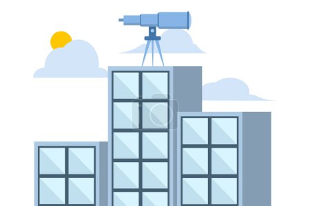 Illustration for Leadership vision concept, company growth. The future direction of the organization. large binoculars on top of a tall building looking towards the front. flat vector illustration on white background. - Royalty Free Image