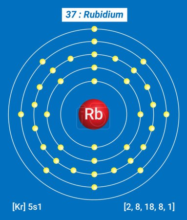 Téléchargez les illustrations : Rb Information sur les éléments du rubidium - Faits, propriétés, tendances, utilisations et comparaison Tableau périodique des éléments, structure de la coquille du rubidium - Électrons par niveau d'énergie - en licence libre de droit
