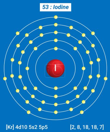 Ilustración de I Elemento yodo Información - Hechos, propiedades, tendencias, usos y comparación Tabla periódica de los elementos, estructura Shell de yodo - Electrones por nivel de energía - Imagen libre de derechos