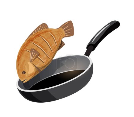 Téléchargez les illustrations : Fried fish in frying pan vector illustration - en licence libre de droit