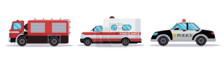 Ilustración de Conjunto de vehículos de transporte ambulancia, camión de bomberos, ilustración vectorial policial - Imagen libre de derechos