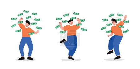 man standing under money rain banknotes falling vector illustration