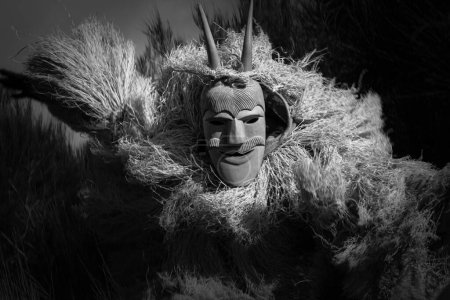 Die Lazarim Karnevalsmasken, eine alte Tradition, ein Mann trägt die Haut des Teufels während des Karnevalsfestes, Portugal.