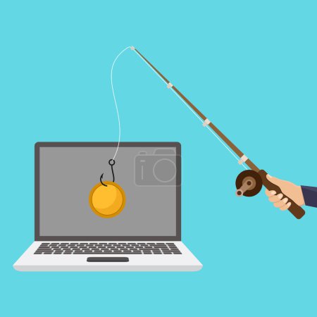 Hände halten Angelrute, Internet-Geld-Kriminalität Phishing auf Laptop, Angelhaken mit blauem Hintergrund flache Design Vektor Illustration