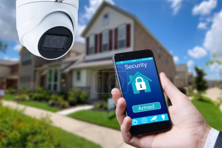 Photo for Security camera and smart home app, private house on the background - Royalty Free Image
