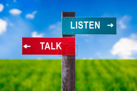 Photo for Listen vs Talk - Traffic sign with two options - empathy, understanding and listening during interpersonal conversation vs egocentric talking, speaking and monologue - Royalty Free Image