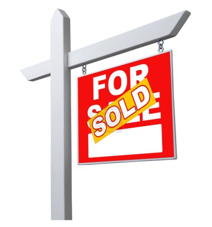 Téléchargez les photos : Face à droite Vendu à vendre Immobilier Signer isolé sur un fond blanc - en image libre de droit