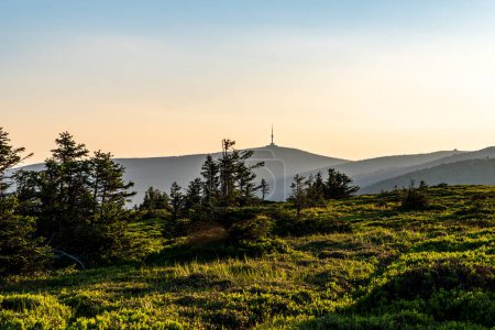 Praded mit Petrovy kameny von Bridlicna hora Hügel über Jeleni sttudanka in Jeseniky Gebirge in der Tschechischen Republik während des frühen Morgens mit klarem Himmel
