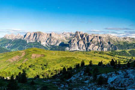 Photo for Pralongia high plateau with rocky peaks on the background from bellow Setsass mountain peak in the Dolomites during beautiful summer morning - Royalty Free Image