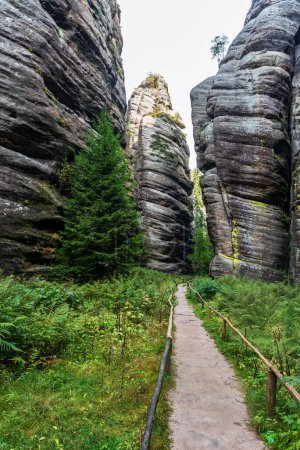 Foto de Teplicke skaly rock town con torres de roca y sendero de senderismo en República Checa - Imagen libre de derechos