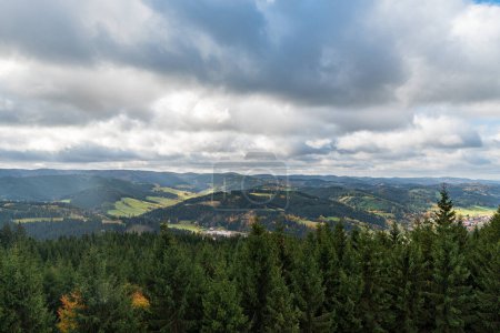 View from view tower on Milonova hill in Vsetinske vrchy mountains above Velke Karlovice village in Czech republic