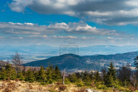 View to Pilsko and Babia Gora from Trzy Kopce hill in Beskid Slaski mountains in Poland during beautiful springtime day