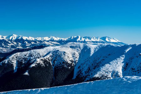 Téléchargez les photos : Eastern part of Western Tatras with Bystra and Cervene vrchy mountain ridge and whole High Tatras mountains from Chabenec hill summit in winter Low Tatras mountains ins Slovakia - en image libre de droit