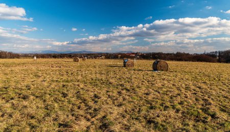 Photo for Kaczyce village with Beskid Slaski mountains on the background from meadow with haystacks on Rajsky kopec hill on czech - poliish borders - Royalty Free Image