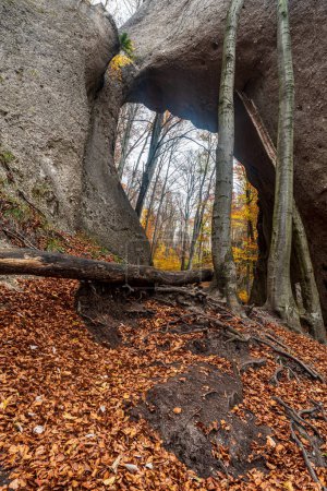 Obrovska brana natural arch in Sulovske skaly mountains in Slovakia during cloudy autumn day
