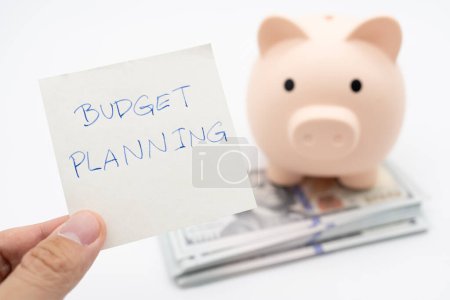 Money budget planning. Piggy bank with Dollars on white background, financial goal concept. 