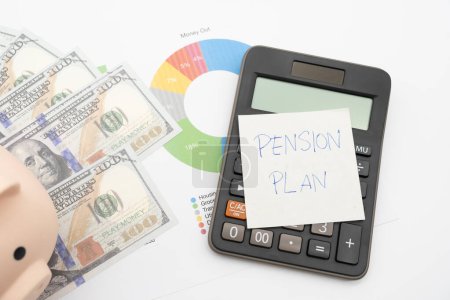 Paper note with text written PENSION PLAN. Investments Concept. Elderly Spouses Saving Money, Pension Plan. Retirement concept. isolate background.