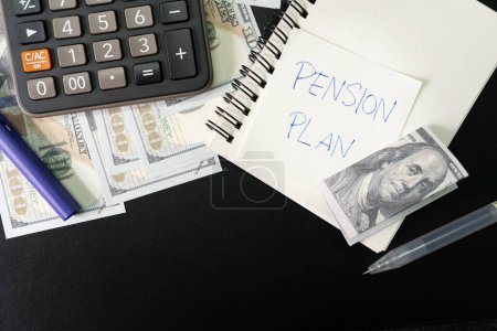 Photo for Paper note with text PENSION PLAN with stationery and dollar on desk. Pension Plan. Retirement concept. Pension calculation concept. - Royalty Free Image