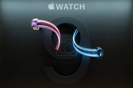 Photo for Bangkok Thailand OCT 18 2023: the Apple Watch 9. A hero object display features Apple Watches Series 9. - Royalty Free Image
