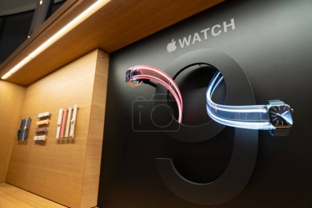 Photo for Bangkok Thailand DEC 22 2023: the Apple Watch 9 accessories. A hero object display features Apple Watches Series 9. - Royalty Free Image