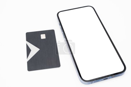 smart phone with blank screen and credit card, online shopping, e-commerce, internet banking concept. Banking, business and work, device and shopping, sale app, order and pay. isolated background.