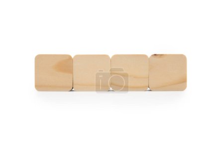 Four Wooden cubes in row. It is isolated on a white background with clipping path. Wooden toy blocks. empty copy space for message word.