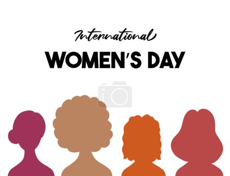 Ilustración de Cartel del Día Internacional de la Mujer. 5 siluetas coloridas de las mujeres en el fondo blanco - Imagen libre de derechos