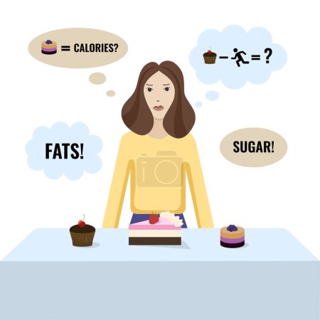 Illustration for Diet mentality poster depicting girl who is choosing a dessert to eat. A young woman counting calories. - Royalty Free Image