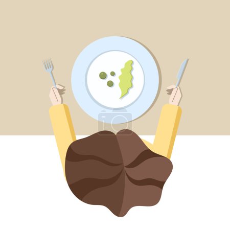 Ilustración de Una chica comiendo muy poca comida vista desde arriba. Una joven comiendo guisantes y lechuga. - Imagen libre de derechos