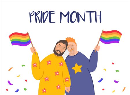 Téléchargez les illustrations : Affiche du mois de la Fierté vectorielle avec deux hommes souriants tenant des drapeaux lgbt. Affiche du mois de la fierté avec deux gays. - en licence libre de droit