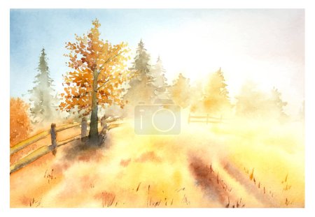 Ilustración de Acuarela dibujada a mano paisaje otoño. Paisaje de caída de acuarela con árboles en colores cálidos. - Imagen libre de derechos