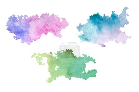 Ilustración de Conjunto dibujado a mano de manchas de acuarela. Salpicaduras de acuarela púrpura, naranja y verde. - Imagen libre de derechos