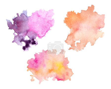 Ilustración de Conjunto dibujado a mano de manchas de acuarela. Salpicaduras de acuarela púrpura, naranja y rosa. - Imagen libre de derechos