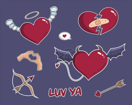 Día de San Valentín vectorial con corazones y flechas de Cupidos. Día de San Valentín estilo retro. Corazón con alas, corazón roto con un yeso.