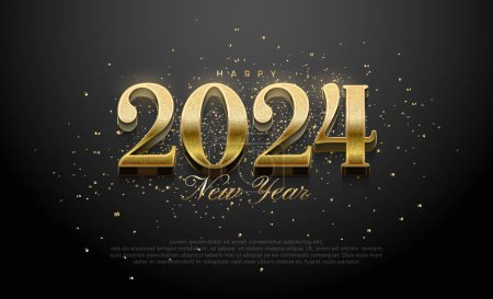 Ilustración de Feliz año nuevo 2024 número. Con el número de oro de lujo 3d con brillo de oro brillante. Diseño premium vector feliz año nuevo saludo. - Imagen libre de derechos