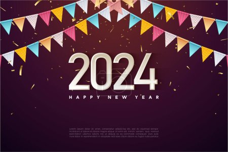 Ilustración de Feliz año nuevo 2024 con cortinas de papel celebración paralela. diseño vector premium. - Imagen libre de derechos