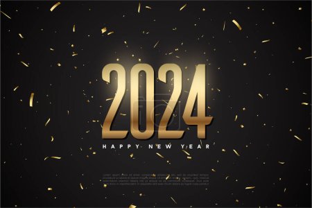 Ilustración de Feliz año nuevo 2024 con brillantes números dorados. diseño vector premium. - Imagen libre de derechos