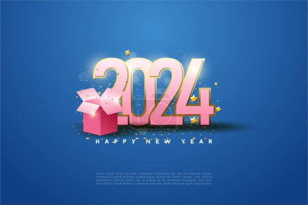 2024 Neujahrsfeier mit offener Geschenkbox. Design Premium-Vektor.