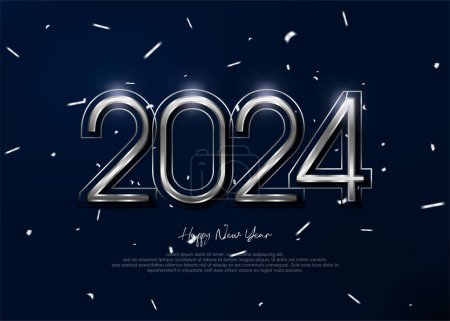 Illustration for Silver metallic 3d modern new year, 2024 happy new year elegant banner poster - Royalty Free Image