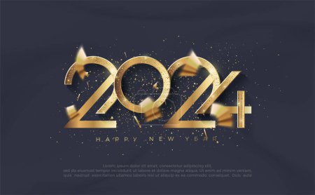 Ilustración de Oro y brillo de lujo número feliz año nuevo 2024. Diseño vectorial premium para póster, pancarta, saludo y celebración del feliz año nuevo 2024. - Imagen libre de derechos