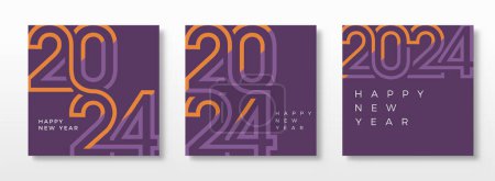 Illustration for Set of happy new year posters. With thin orange and purplish blue numbers. Premium design vector set of happy new year 2024 For greeting, celebration and social media post. - Royalty Free Image