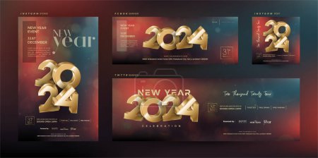 Illustration for Happy new year 2024 design. Premium design for celebration, invitation and greeting for social media post. Vector elegant with shiny luxury gold color. - Royalty Free Image
