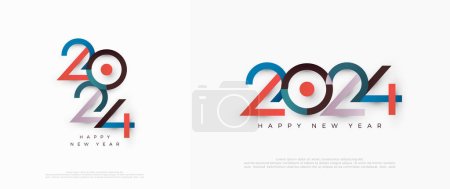 Coloré heureux nouvel an 2024 nombre avec un thème moderne et propre. Design haut de gamme pour les voeux de nouvel an pour bannières, affiches ou médias sociaux et calendriers.