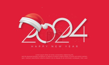 Feliz Año Nuevo 2024 con Ilustración de Números Blancos con Sombreros Realistas 3D Rojos de Santa. Diseño Vector Premium para el Discurso de Año Nuevo 2024