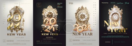 Illustration for Happy new year 2024 design. With illustrations of elegant luxury clocks in gold. Luxury golden 3d numbers for posters, banners and covers. Premium vector illustration design. - Royalty Free Image